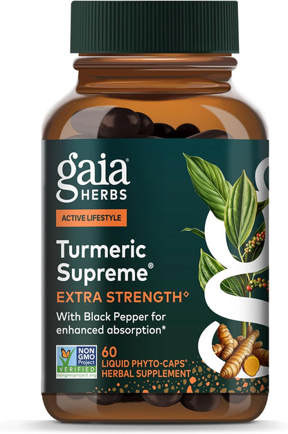 Gaia Herbs Turmeric Supreme Extra Strength - Supports Occasional Discomfort from Normal Wear & Tear* - with Turmeric Curcumin & Black Pepper - 60 Vegan Liquid Phyto-Caps (Up to 60 Servings)