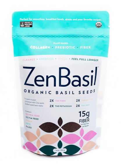Zen Basil Seeds | edible basil seeds, kosher, non-gmo, lectin free, gluten free, plant based, keto, paleo, vegan | 15g fiber per/serv | 14oz | more fiber than chia seeds | prebiotic