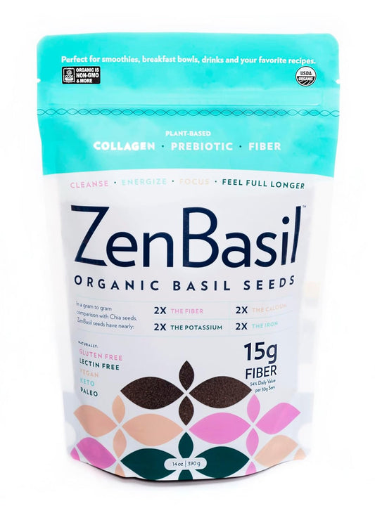 Zen Basil Seeds | edible basil seeds, kosher, non-gmo, lectin free, gluten free, plant based, keto, paleo, vegan | 15g fiber per/serv | 14oz | more fiber than chia seeds | prebiotic