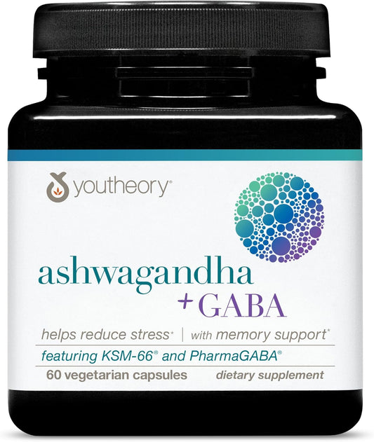 Youtheory Ashwagandha + GABA - Adaptogenic Blend with Organic KSM-66 & Ginger - Aids Stress Relief & Mood* - Supports Energy Levels* - 60 Vegetarian Capsules (30-Day Supply