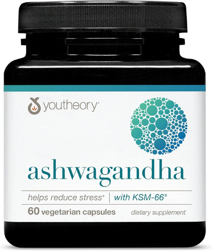 Youtheory Ashwagandha - with Organic KSM-66 Ashwagandha - Herbal Blend to Support Stress Relief & Energy Levels* - Helps Support Mood* - 60 Vegetarian Capsules (30-Day Supply)