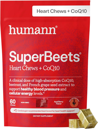 Humann SuperBeets Heart Chews + CoQ10-100mg of CoQ10 Plus Beetroot & Grape Seed Extract, Blood Pressure, Cellular Energy & Heart Health Support, 60 Count