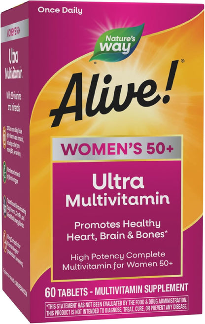 Nature’s Way Alive! Ultra Potency Multivitamin for Women 50 Plus, Complete High Potency Formula with Vitamin D3, C, E, Methylated B12, Supports, Heart, Brain, and Bone Health*, 60 Tablets