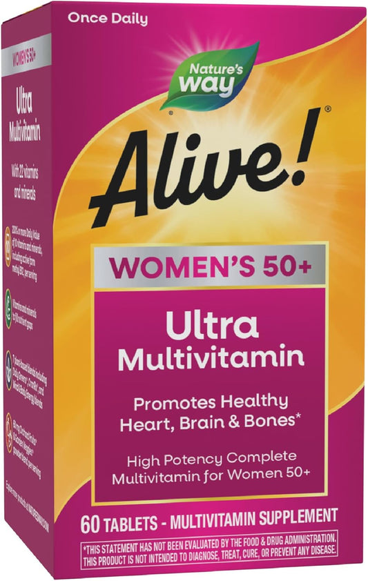 Nature’s Way Alive! Ultra Potency Multivitamin for Women 50 Plus, Complete High Potency Formula with Vitamin D3, C, E, Methylated B12, Supports, Heart, Brain, and Bone Health*, 60 Tablets