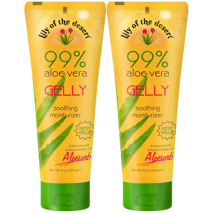 Lily Of The Desert Gelly Moisturizer - 99% Organic Aloe Vera Gel for Skin, After Sun Care with Aloe, Vitamin E Oil, and Vitamin C for Sunburn Relief, 8 Fl Oz (Pack of 2)