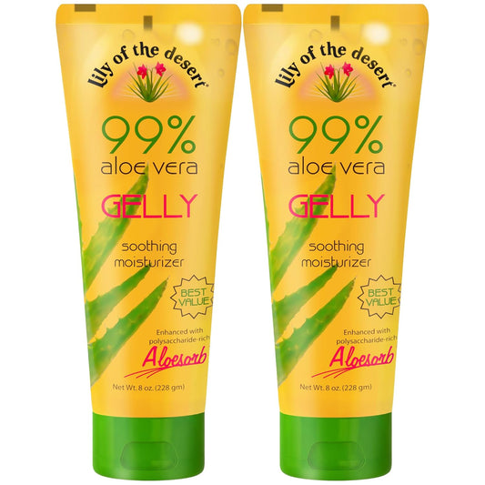 Lily Of The Desert Gelly Moisturizer - 99% Organic Aloe Vera Gel for Skin, After Sun Care with Aloe, Vitamin E Oil, and Vitamin C for Sunburn Relief, 8 Fl Oz (Pack of 2)
