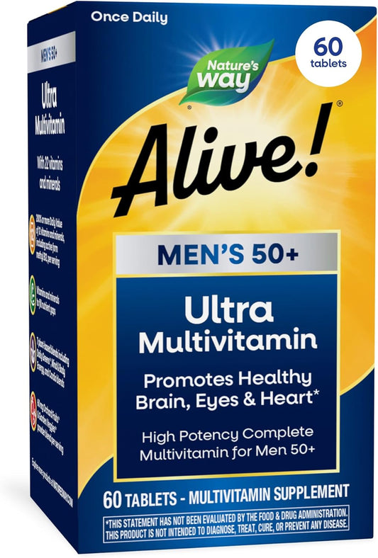 Nature's Way Alive! Men’s 50+ Daily Ultra Multivitamin, High Potency Formula, Supports Healthy Brain, Eyes & Heart*, with Methylated B12, Gluten-Free, 60 Tablets (Packaging May Vary)