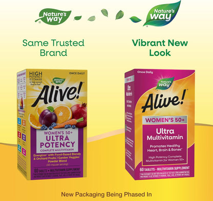 Nature’s Way Alive! Ultra Potency Multivitamin for Women 50 Plus, Complete High Potency Formula with Vitamin D3, C, E, Methylated B12, Supports, Heart, Brain, and Bone Health*, 60 Tablets