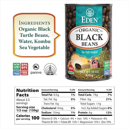 Eden Organic Black Beans, 15 oz Can (12-Pack Case) , No Salt Added, Non-GMO, U.S Grown, Heat and Serve, Macrobiotic, Turtle Beans, Frijol Negro, Caviar Criollo