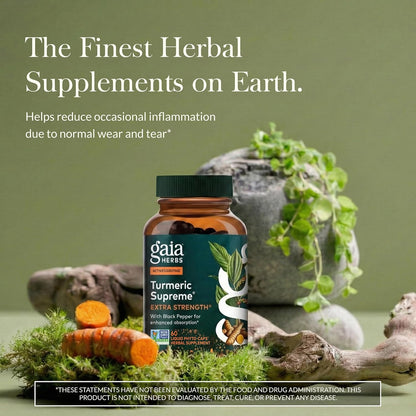 Gaia Herbs Turmeric Supreme Extra Strength - Supports Occasional Discomfort from Normal Wear & Tear* - with Turmeric Curcumin & Black Pepper - 60 Vegan Liquid Phyto-Caps (Up to 60 Servings)