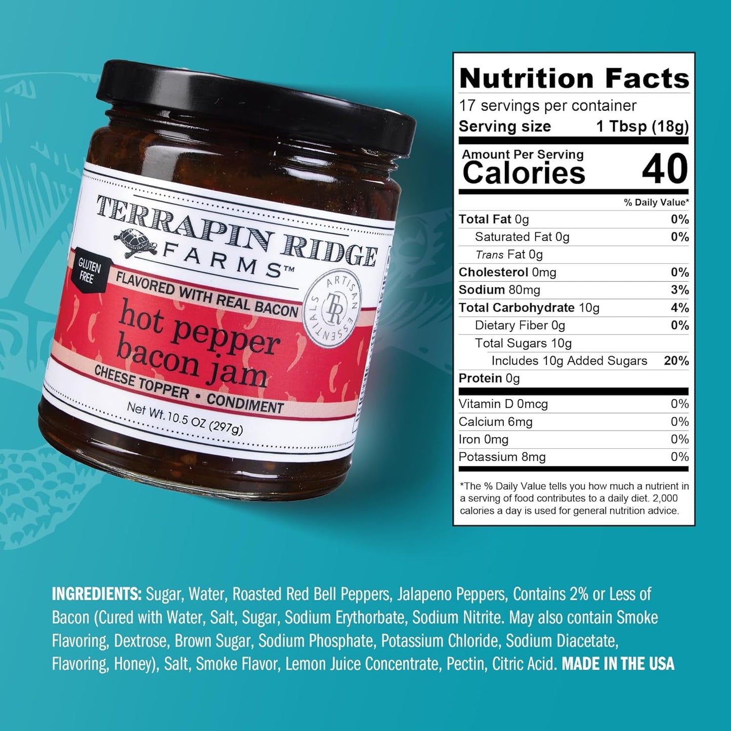 Terrapin Ridge Farms Hot Pepper Bacon Jam – Sweet & Spicy Spread with Real Bacon & Jalapeño – Gourmet Condiment for Cheese, Meats, and Appetizers – Two 10.5 oz Jar  pack of 2