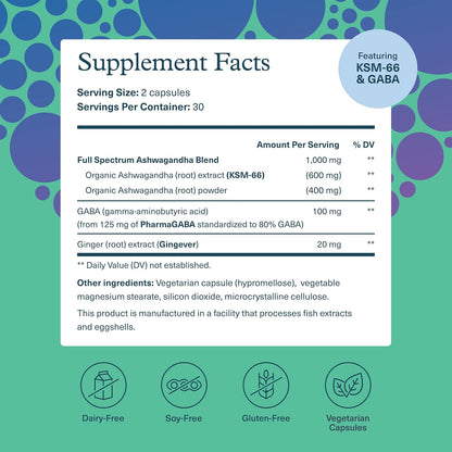 Youtheory Ashwagandha + GABA - Adaptogenic Blend with Organic KSM-66 & Ginger - Aids Stress Relief & Mood* - Supports Energy Levels* - 60 Vegetarian Capsules (30-Day Supply