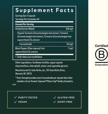 Gaia Herbs Turmeric Supreme Extra Strength - Supports Occasional Discomfort from Normal Wear & Tear* - with Turmeric Curcumin & Black Pepper - 60 Vegan Liquid Phyto-Caps (Up to 60 Servings)