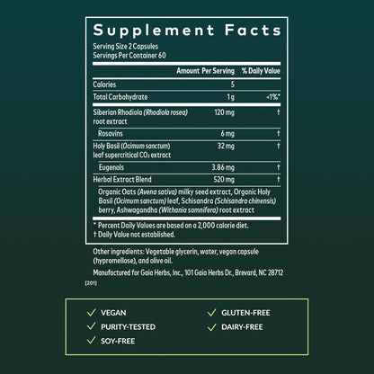 Gaia Herbs Adrenal Health Daily Support - Herbal Supplement with Ashwagandha, Holy Basil & Schisandra - Help Maintain Healthy Energy & Stress Levels* - 120 Vegan Liquid Phyto-Caps (60 Servings)