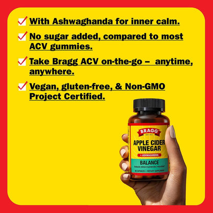 Bragg Daily Balance Apple Cider Vinegar and Sensoril Ashwagandha Capsules - 750mg of Acetic Acid – Energy & Weight Management Support - (90 Pills)