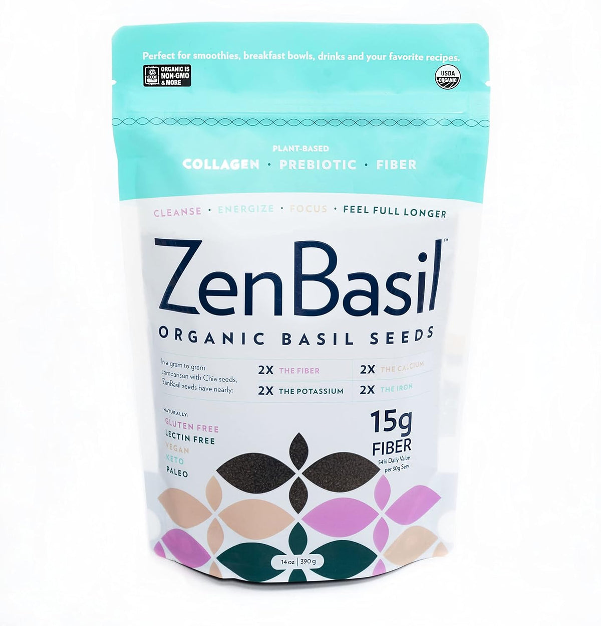 Zen Basil Seeds | edible basil seeds, kosher, non-gmo, lectin free, gluten free, plant based, keto, paleo, vegan | 15g fiber per/serv | 14oz | more fiber than chia seeds | prebiotic