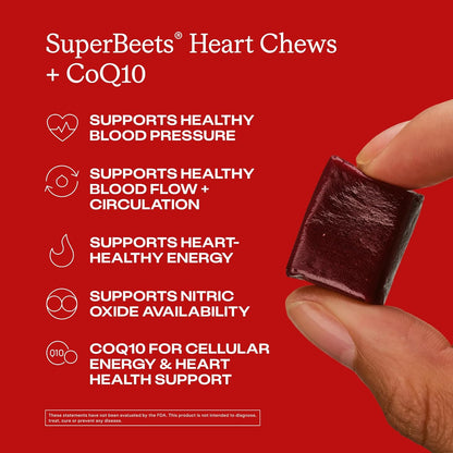 Humann SuperBeets Heart Chews + CoQ10-100mg of CoQ10 Plus Beetroot & Grape Seed Extract, Blood Pressure, Cellular Energy & Heart Health Support, 60 Count