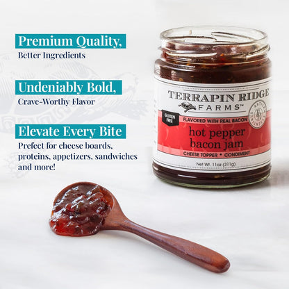 Terrapin Ridge Farms Hot Pepper Bacon Jam – Sweet & Spicy Spread with Real Bacon & Jalapeño – Gourmet Condiment for Cheese, Meats, and Appetizers – Two 10.5 oz Jar  pack of 2