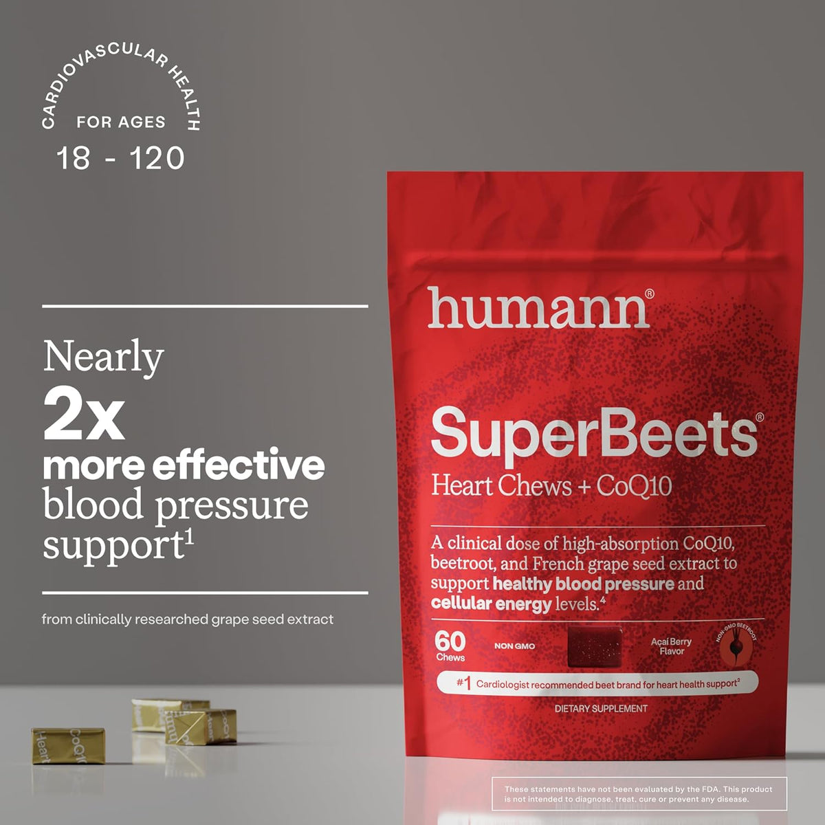 Humann SuperBeets Heart Chews + CoQ10-100mg of CoQ10 Plus Beetroot & Grape Seed Extract, Blood Pressure, Cellular Energy & Heart Health Support, 60 Count