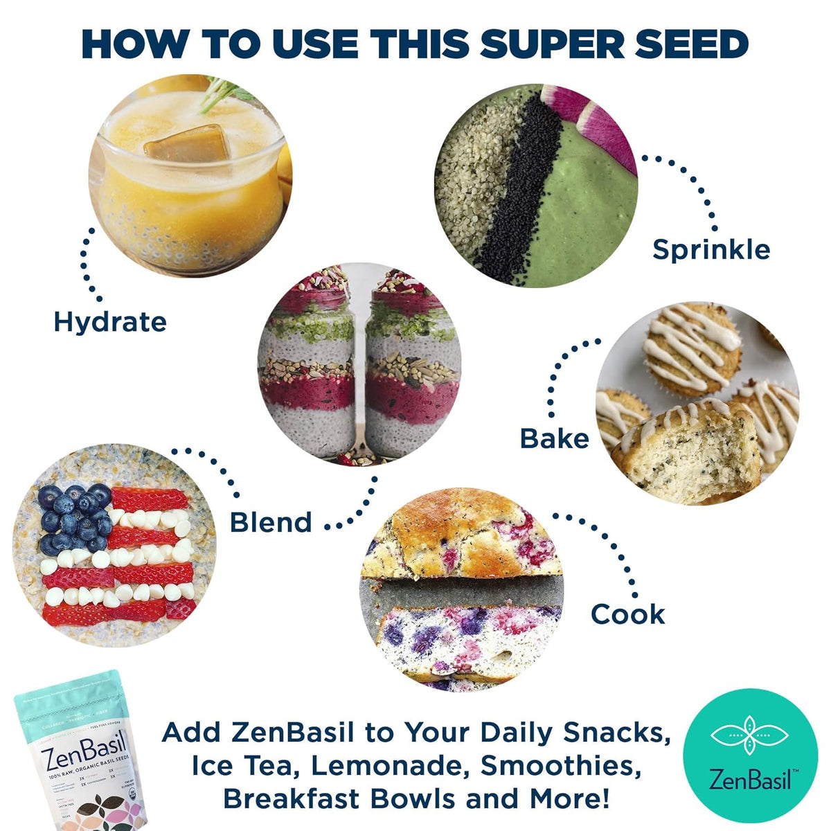Zen Basil Seeds | edible basil seeds, kosher, non-gmo, lectin free, gluten free, plant based, keto, paleo, vegan | 15g fiber per/serv | 14oz | more fiber than chia seeds | prebiotic