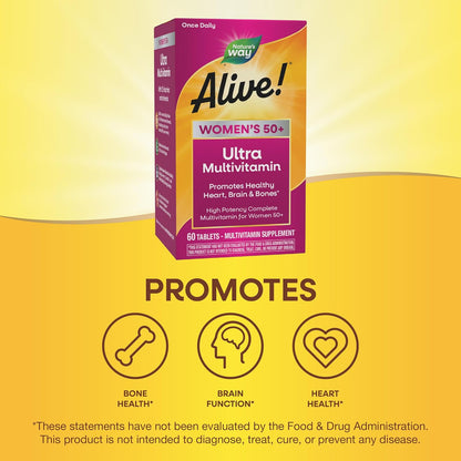 Nature’s Way Alive! Ultra Potency Multivitamin for Women 50 Plus, Complete High Potency Formula with Vitamin D3, C, E, Methylated B12, Supports, Heart, Brain, and Bone Health*, 60 Tablets