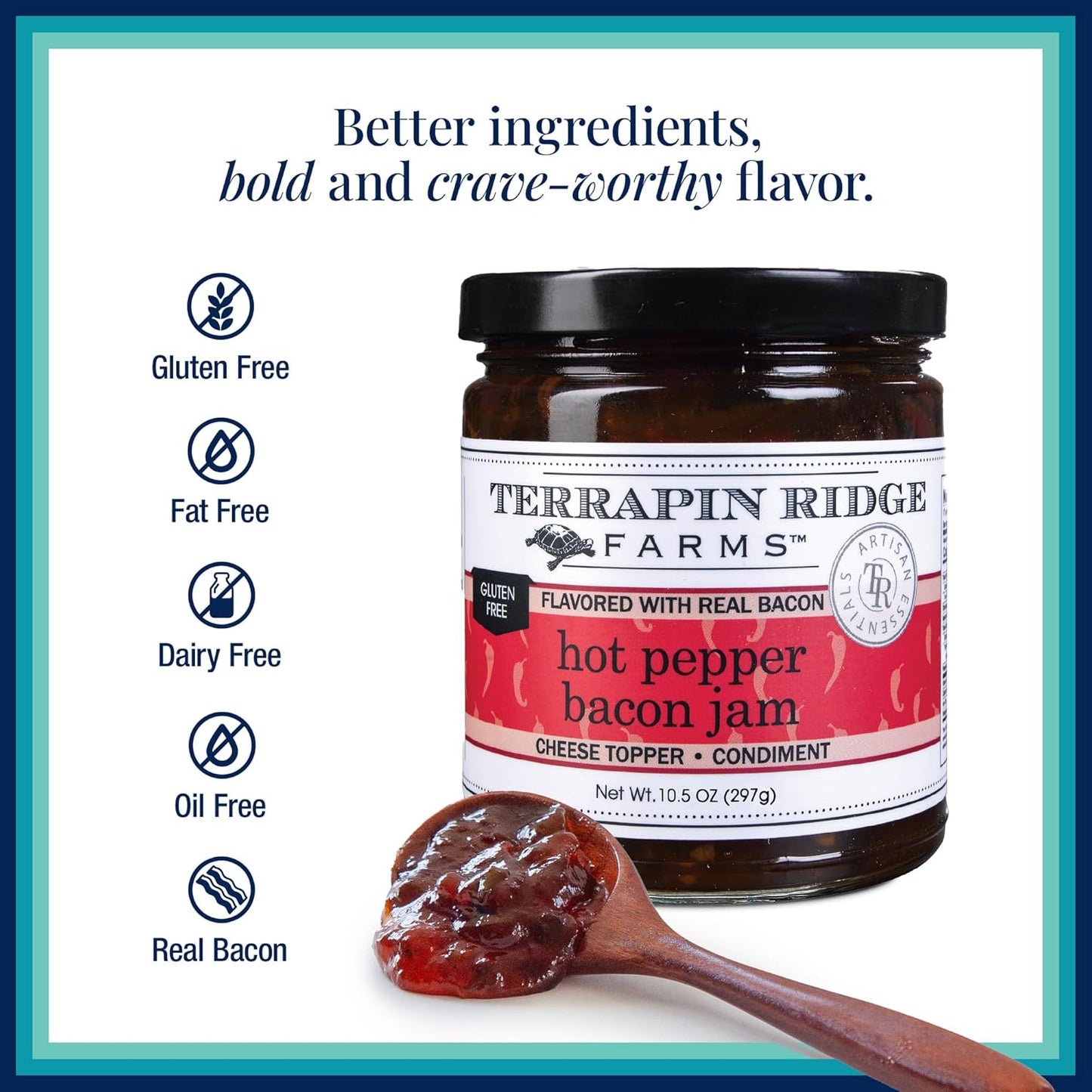 Terrapin Ridge Farms Hot Pepper Bacon Jam – Sweet & Spicy Spread with Real Bacon & Jalapeño – Gourmet Condiment for Cheese, Meats, and Appetizers – Two 10.5 oz Jar  pack of 2