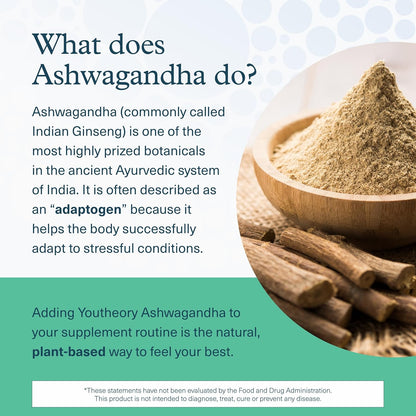 Youtheory Ashwagandha + GABA - Adaptogenic Blend with Organic KSM-66 & Ginger - Aids Stress Relief & Mood* - Supports Energy Levels* - 60 Vegetarian Capsules (30-Day Supply