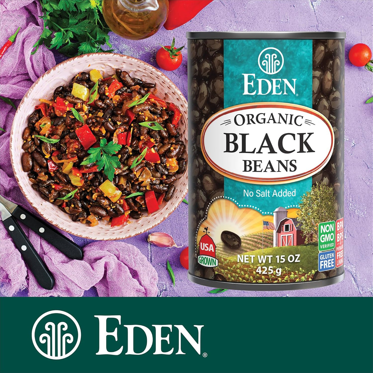 Eden Organic Black Beans, 15 oz Can (12-Pack Case) , No Salt Added, Non-GMO, U.S Grown, Heat and Serve, Macrobiotic, Turtle Beans, Frijol Negro, Caviar Criollo
