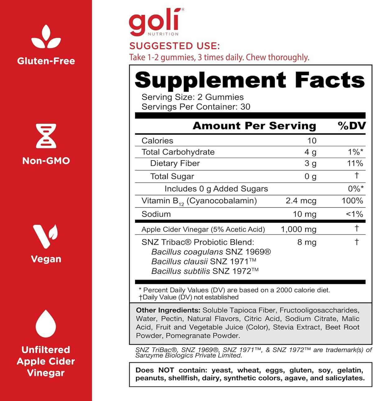 Goli Zero Sugar Apple Cider Vinegar Gummies - ACV with Vitamin B12 and Probiotics - No Sugar Alcohols - Vegan, Keto-Friendly, Gluten-Free