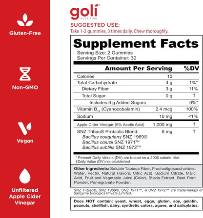 Goli Zero Sugar Apple Cider Vinegar Gummies - ACV with Vitamin B12 and Probiotics - No Sugar Alcohols - Vegan, Keto-Friendly, Gluten-Free