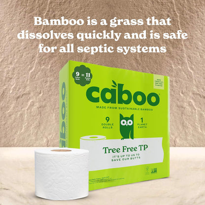 Caboo Tree Free Toilet Paper, Septic Safe Bath Tissue, Quick Dissolving 2 Ply Sheets - 300 Sheets Per Roll, 9 Double Rolls