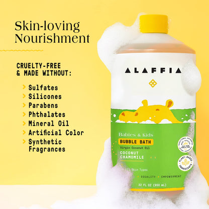 Alaffia Babies & Kids Bubble Bath, Coconut Chamomile, Pump Included – Gentle Cleanser with Raw Shea Butter and Yarrow, 32 Fl Oz