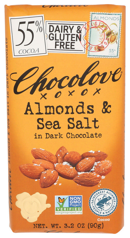 Chocolove Almonds & Sea Salt Dark Chocolate Bars | 55% Cocoa | Crunchy Almonds with a Salty Twist | Premium Dark Chocolate | Non-GMO & Gluten-Free, 3.2 oz Bar (12 Pack)