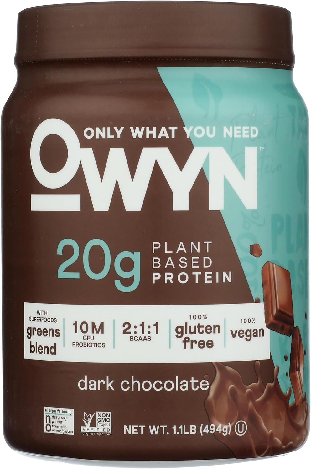 OWYN Only What You Need Plant-Based Protein Powder, Dark Chocolate, 1.17 lbs (Pack of 2)