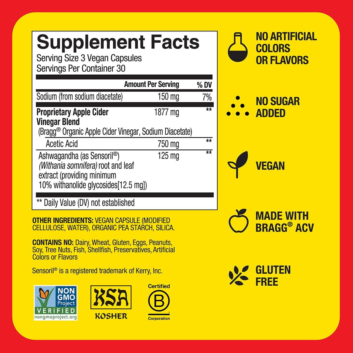 Bragg Daily Balance Apple Cider Vinegar and Sensoril Ashwagandha Capsules - 750mg of Acetic Acid – Energy & Weight Management Support - (90 Pills)