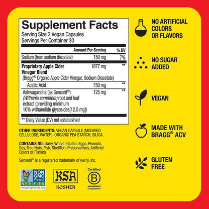 Bragg Daily Balance Apple Cider Vinegar and Sensoril Ashwagandha Capsules - 750mg of Acetic Acid – Energy & Weight Management Support - (90 Pills)