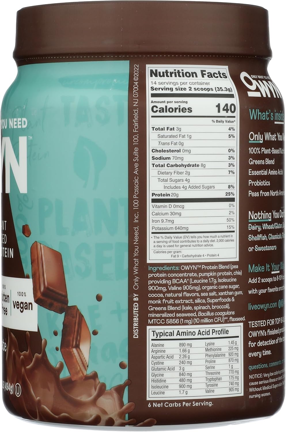 OWYN Only What You Need Plant-Based Protein Powder, Dark Chocolate, 1.17 lbs (Pack of 2)