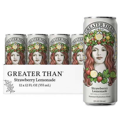 GREATER THAN Hydration for Her - Nutrient Enhanced Coconut Water Electrolyte Beverage with Real Fruit, Plant-Based Vitamins & Fiber, Clean Functional Hydration, Strawberry Lemonade, 12 oz (12 Pack)