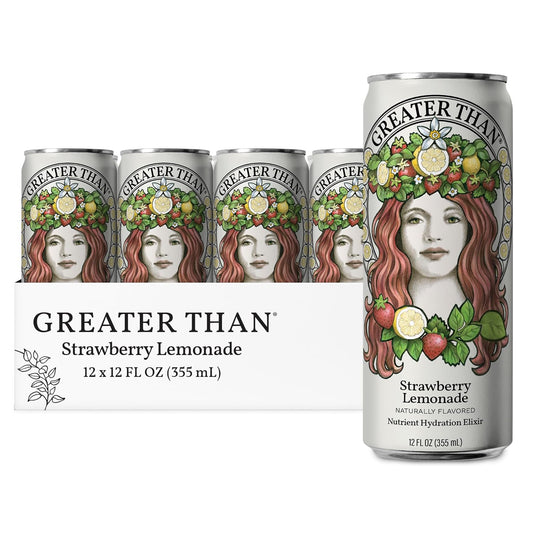 GREATER THAN Hydration for Her - Nutrient Enhanced Coconut Water Electrolyte Beverage with Real Fruit, Plant-Based Vitamins & Fiber, Clean Functional Hydration, Strawberry Lemonade, 12 oz (12 Pack)