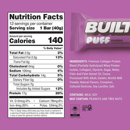 BUILT Bar Puff Protein Bars - Churro - 12 Count