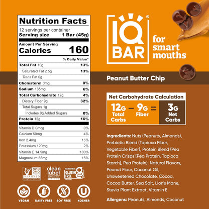 IQBAR Clean Plant Protein Bars - Peanut Butter Chip - 12 Count