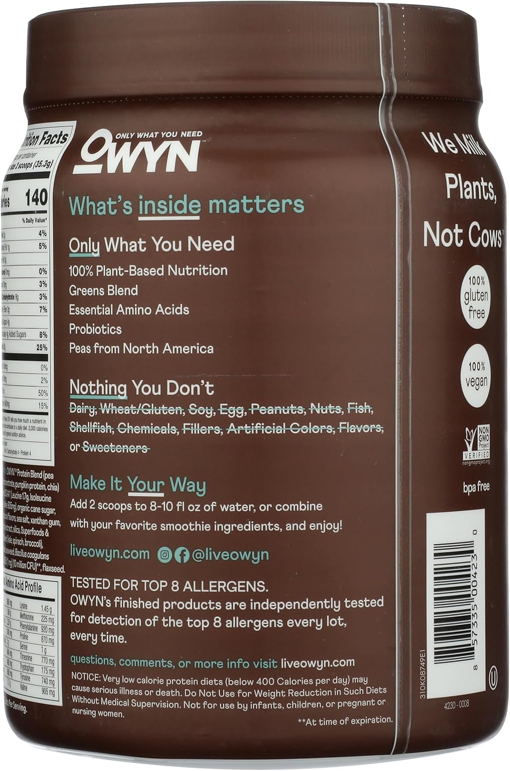 OWYN Only What You Need Plant-Based Protein Powder, Dark Chocolate, 1.17 lbs (Pack of 2)