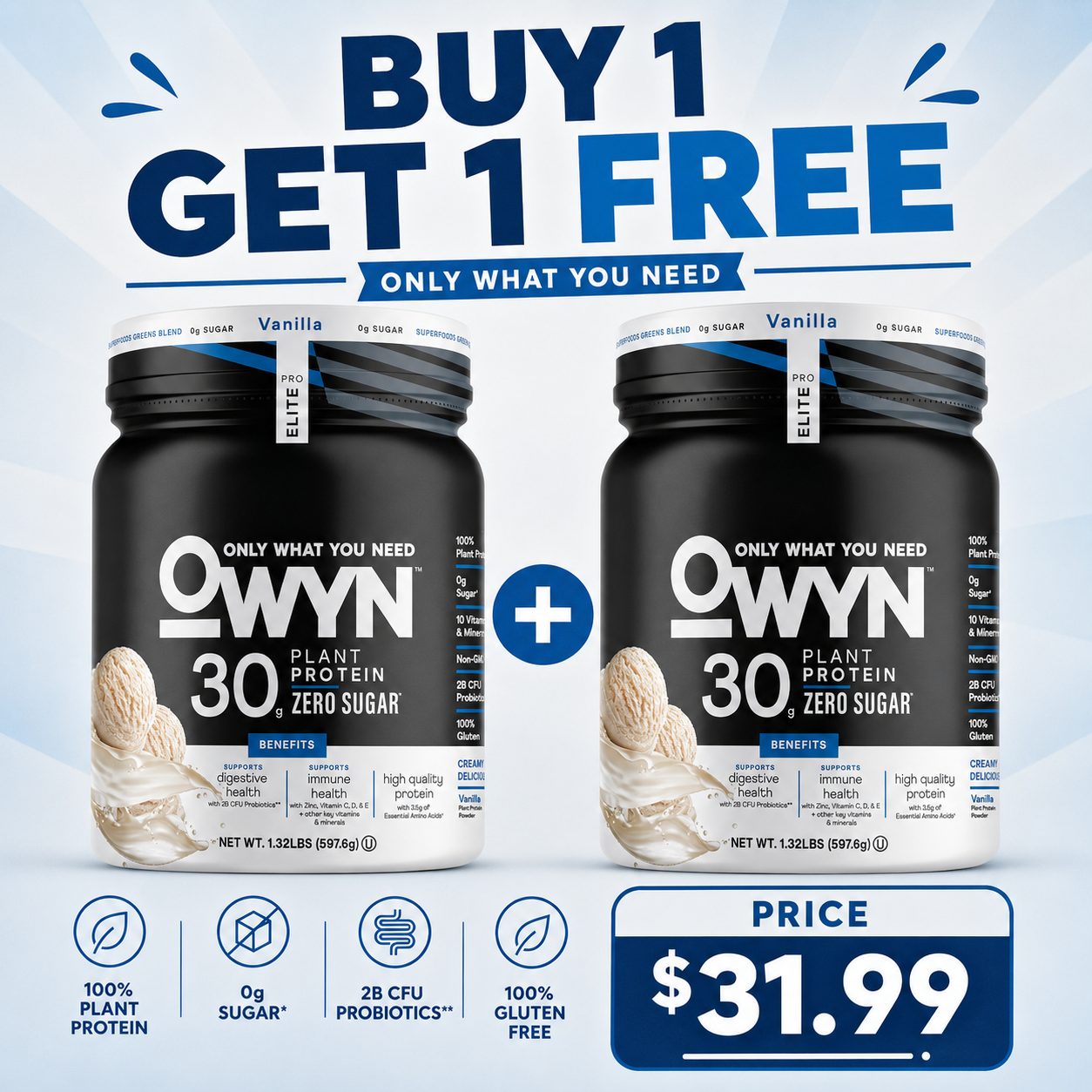 Owyn Only What You Need Pro Elite High Protein Powder Vanilla ,12 Servings (Pack of 2) 1.32 LB