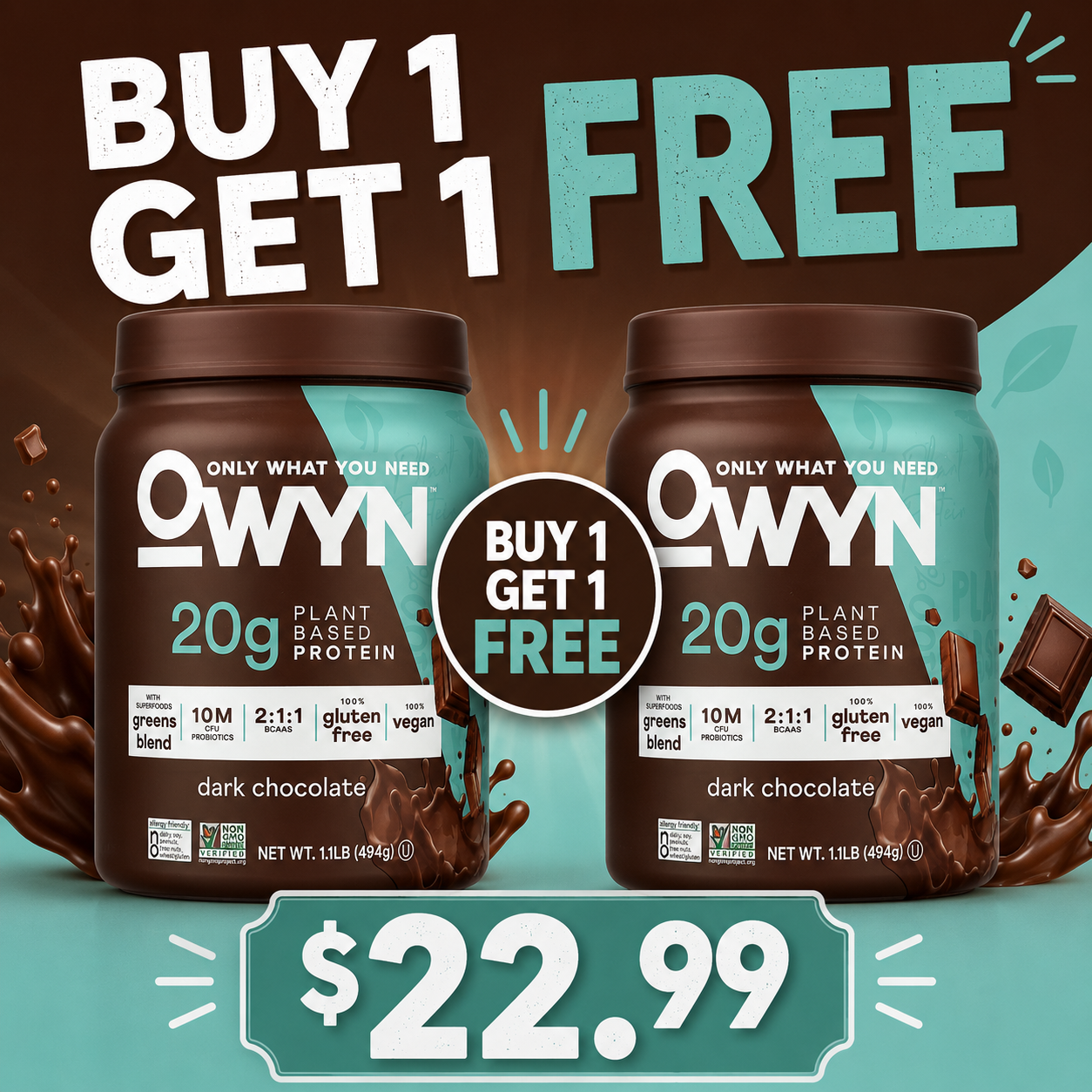 OWYN Only What You Need Plant-Based Protein Powder, Dark Chocolate, 1.17 lbs (Pack of 2)