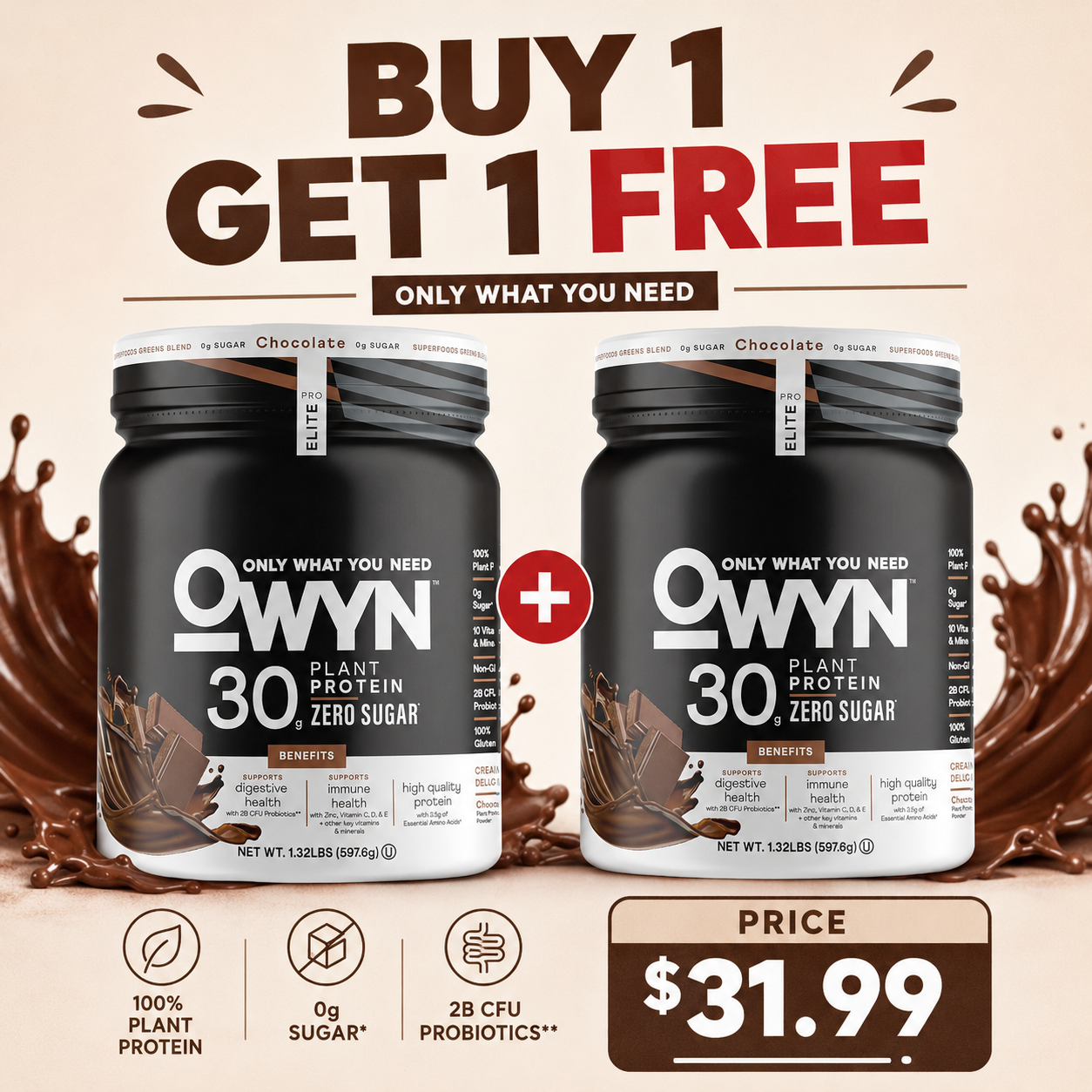Owyn Only What You Need Pro Elite High Protein Powder Chocolate,12 Servings (1.32 LB) (Pack of 2)
